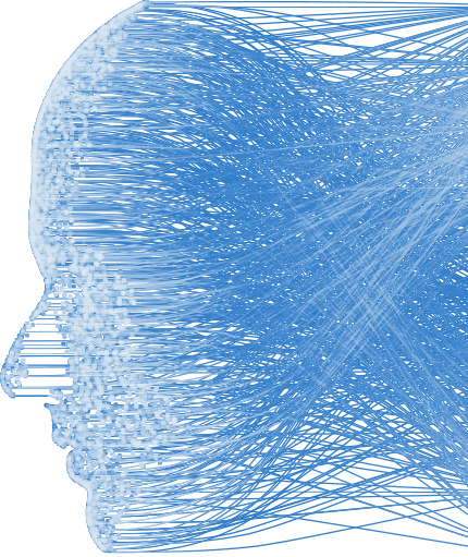 Human/AI face made of blue data nodes