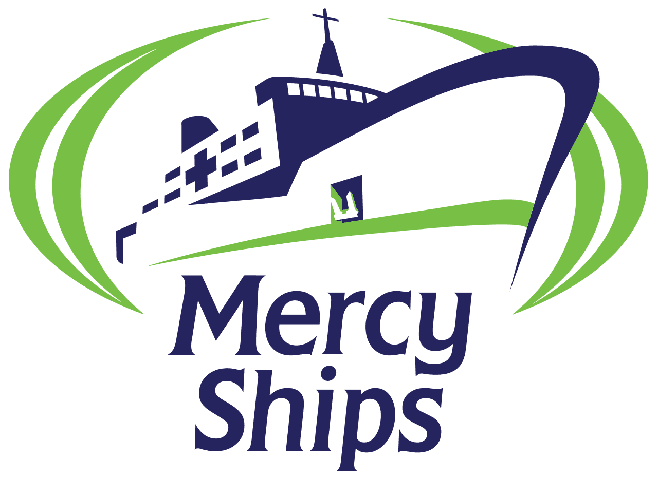 Mercy Ships logo featuring a blue ship with green embellishments and blue Mercy Ships text