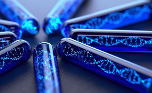 Blue test tubes with glowing contents arranged on a dark surface, emphasizing advanced scientific research.